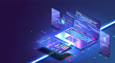 Application of Smartphone with business graph and analytics data on isometric mobile phone. Analysis trends and software development coding process concept. Programming, testing cross platform code